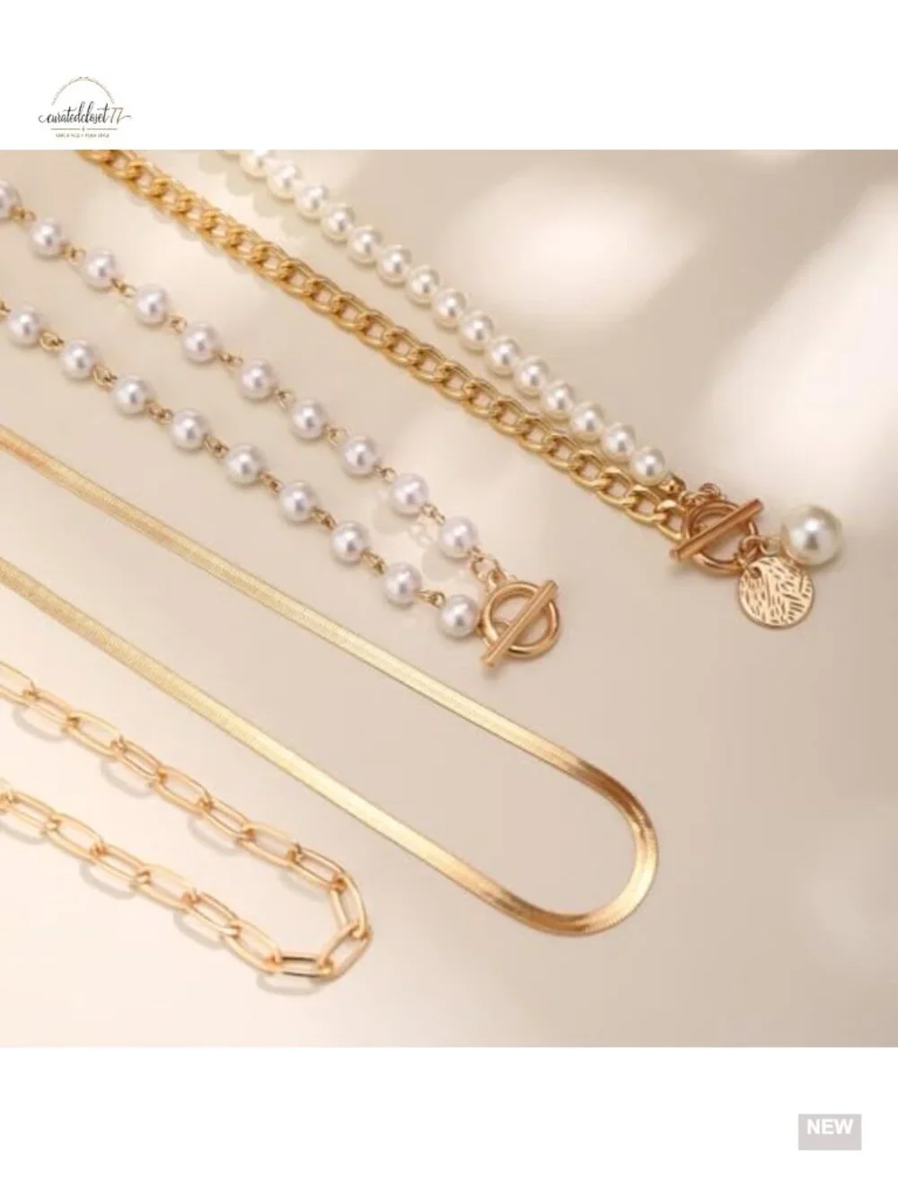 5-Piece Chunky Gold Layered Pearl Necklace Set with OT Buckle Paperclip Chain